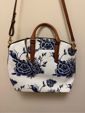 Brahmin White Satchel with Blue Floral Print and Brown Leather Trim